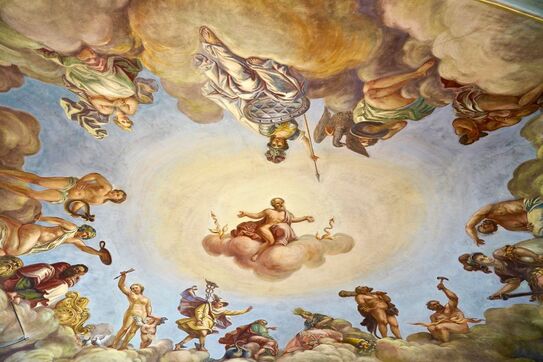 Gemälde eines Götterhimmels: mehrere Götter sitzen oder stehen auf Wolken, jeder hat sein Attribut in der Hand. In der Mitte sitzt ein Gott auf einer einzelnen Wolke.